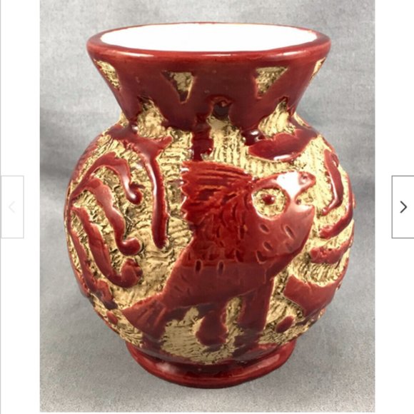 Vintage MCM Mid-century Red Italian Sgraffito Pottery Vase Fish 5" tall - Picture 1 of 10